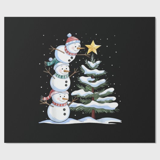 Papier Cadeau Snowman Merry Christmas Santa Claus Tree Snow Fami (Plat)