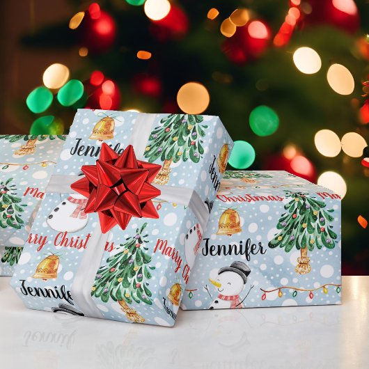 Papier Cadeau Snowman mignon Motif de Noël Personnaliser le nom