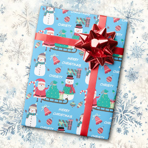 Papier Cadeau Snowman Père Noël Enfants Personnalisé Noël bleu