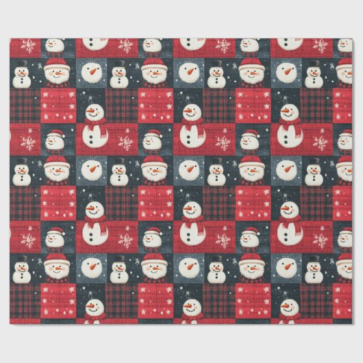 Papier Cadeau Snowman Tartan Plaid Rouge et Noir Noël (Plat)