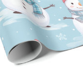 Papier Cadeau Snowmen and Snowflakes Bleu Blanc moderne Noël (Coin rond)