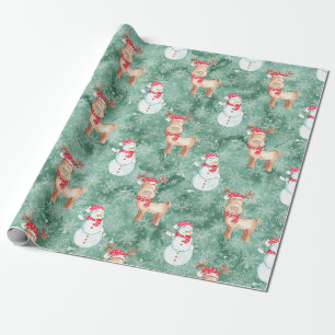 Papier Cadeau Snowmen et rennes de Noël Whimssical - Vert
