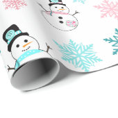 Papier Cadeau Snowmen et Snowflakes Noël Turquoise et rose (Coin rond)