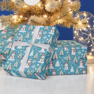 Papier Cadeau Snowmen Moderne Arbres de Noël Glace Bleu Noël