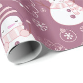 Papier Cadeau Snowmen Noël Arbres Coeurs pourpres Noël (Coin rond)
