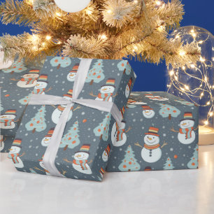 Papier Cadeau Snowmen Noël Arbres Snowflakes Green Noël