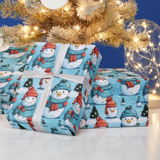 Papier Cadeau Snowmen Pine Trees neige Bleu Noël (Vacances)