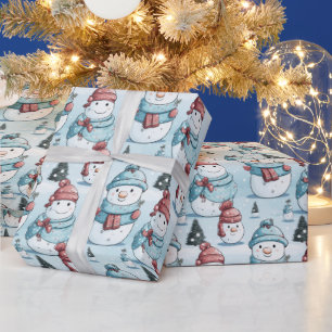 Papier Cadeau Snowmen Pine Trees Neige Glace Bleue Noël