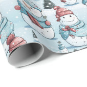 Papier Cadeau Snowmen Pine Trees Neige Glace Bleue Noël (Coin rond)