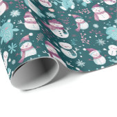 Papier Cadeau Snowmen Snowflakes Green Christmas (Coin rond)