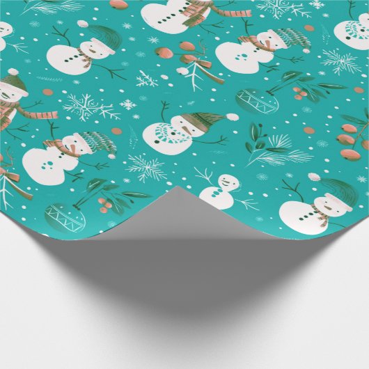 Papier Cadeau Snowmen Snowflakes Holly Feuilles Green Christmas (Coin)