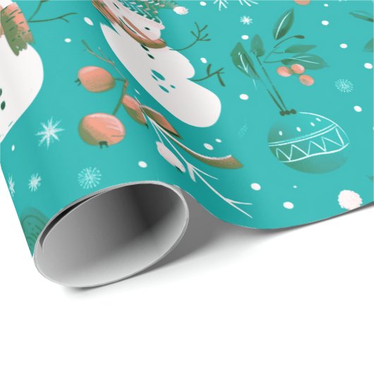 Papier Cadeau Snowmen Snowflakes Holly Feuilles Green Christmas (Coin rond)