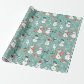 Papier Cadeau Snowmen Snowflakes Holly Feuilles Green Christmas (Déroulé)