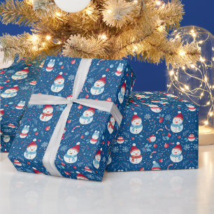 Papier Cadeau Snowmen Snowflakes Sucres de canne Noël bleu