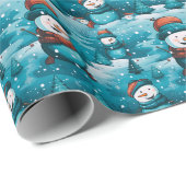 Papier Cadeau Snowmen Snowy Field Trees Bleus Noël (Coin rond)