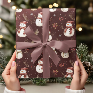 Papier Cadeau Snowmen vintage en Bourgogne Minimaliste
