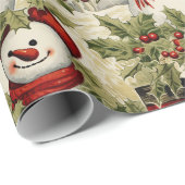 Papier Cadeau Snowmen vintage Et Holly (Coin rond)