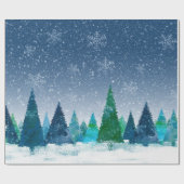 Papier Cadeau Snowy Winter Christmas Blue & Green Scene (Plat)