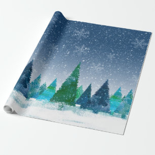 Papier Cadeau Snowy Winter Christmas Blue & Green Scene