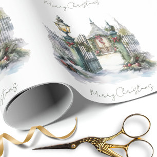 Papier Cadeau Snowy Winter Scene Aquarelle Village de Noël