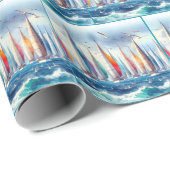 Papier Cadeau Soaring Seagulls With Sailboat Regatta (Coin rond)