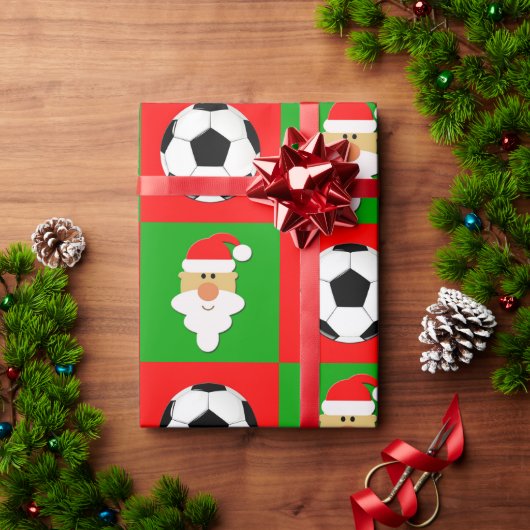 Papier Cadeau Soccer Balls & Santa Clause Rouge & Vert Noël (Cadeau de vacances)