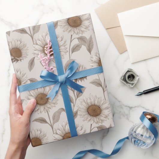 Papier Cadeau Soft Neutral Sunflower Cream Floral Pattern (Cadeaux)