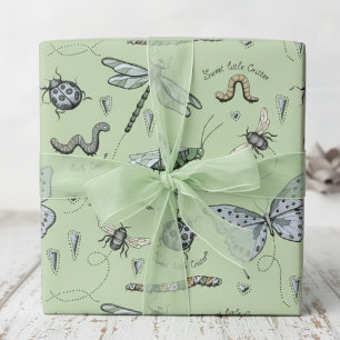 Papier Cadeau Soft Pastel Bleu et Vert Boho Baby Bugs Baby Baby