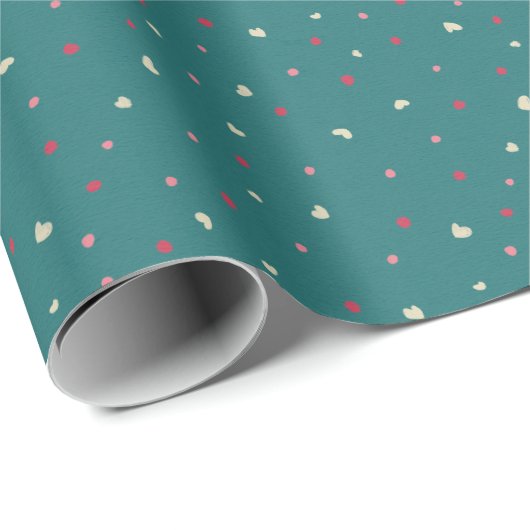 Papier Cadeau Soft Red & Green Polka Dots with Golden Hearts (Coin rond)