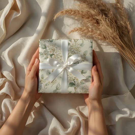 Papier Cadeau Soft White Hydrangea Floral Pattern