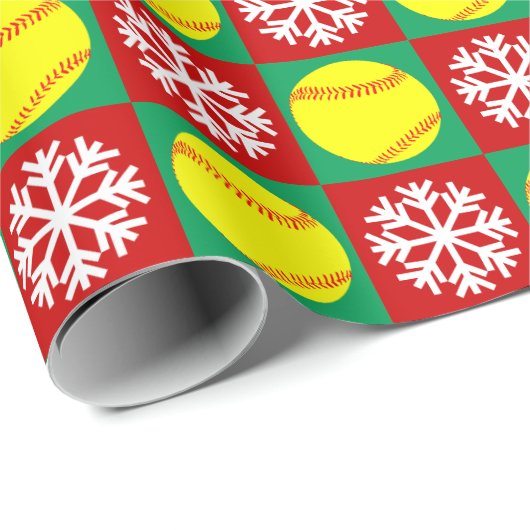 Papier Cadeau Softball de Noël et flocon de neige rouge et vert (Coin rond)