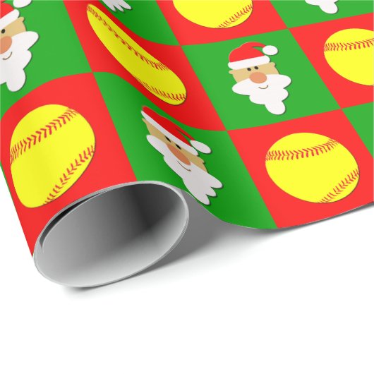 Papier Cadeau Softballs et Père Noël Softball Player Noël (Coin rond)