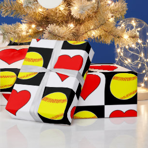 Papier Cadeau Softballs & Hearts mignon Checker Motif Fastpitch