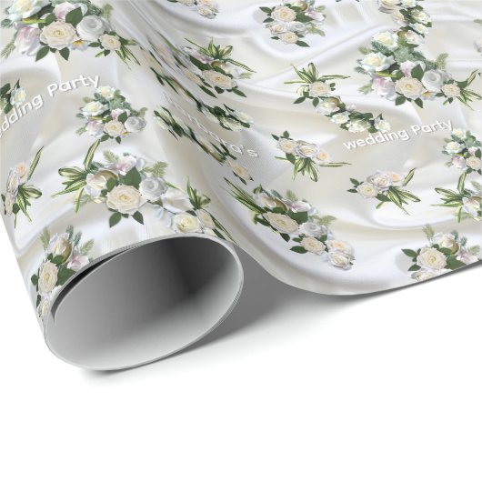 Papier Cadeau Soie blanche luxueuse et fluide et roses blanches. (Coin rond)