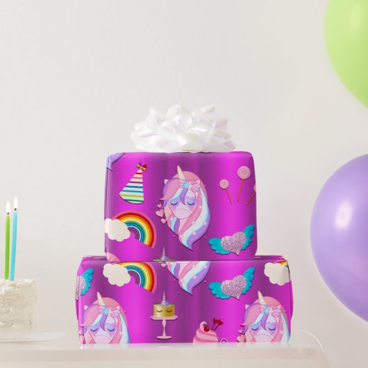 Papier Cadeau Soirée d'anniversaire de la Unicorne sur rose (Cadeaux de fête)