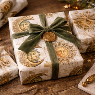 Papier Cadeau Soleil cosmique et or lune
