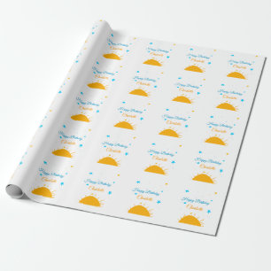 Papier Cadeau Soleil jaune étoiles bleues joyeux anniversaire aj