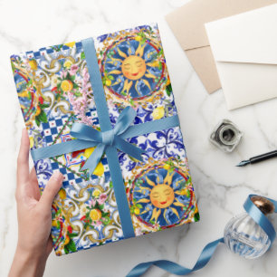 Papier Cadeau soleil sicilien, citron, carreaux méditerranéens,