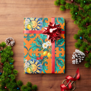 Papier Cadeau soleil sicilien, été, citron, mosaïque, bleu,