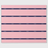 Papier Cadeau Solid Pink, Navy Blue Ribbon Nom Monogram (Plat)