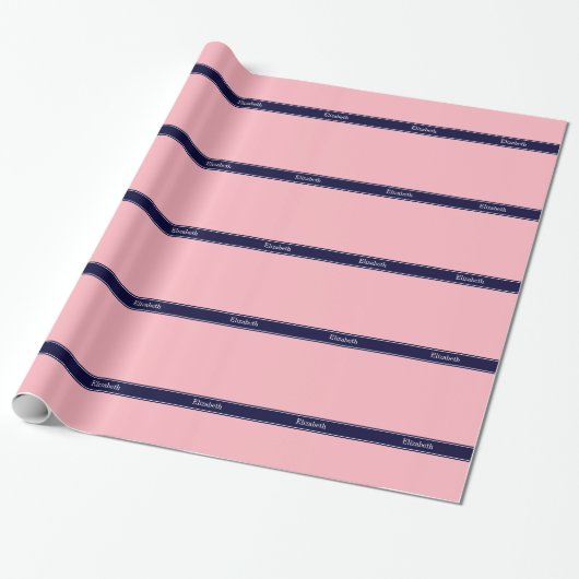 Papier Cadeau Solid Pink, Navy Blue Ribbon Nom Monogram (Déroulé)