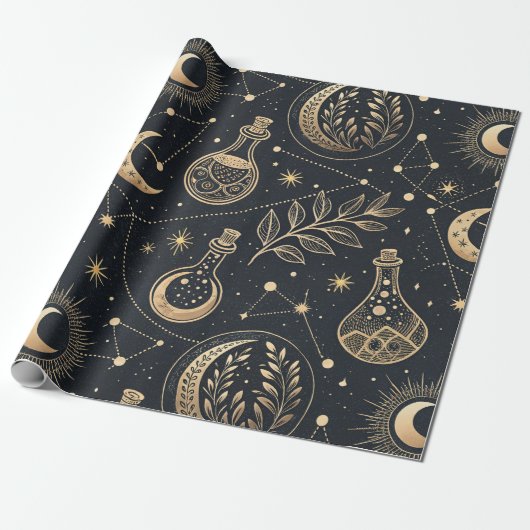 Papier Cadeau Sorcelerie céleste - Lune dorée, flacons de potion (Déroulé)