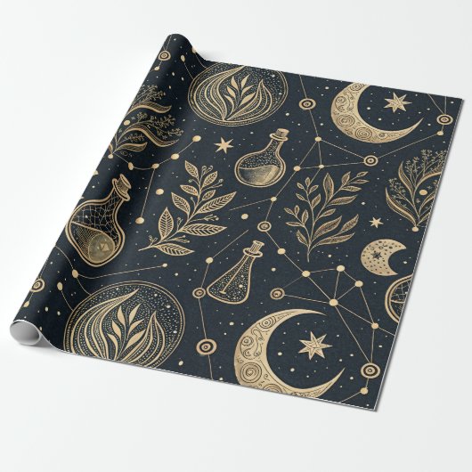 Papier Cadeau Sorcellerie Céleste Mystique - Botanique Or (Déroulé)
