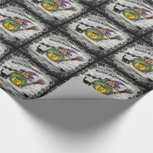 Papier Cadeau Sorcière, Chat, Chauve-souris et Citrouille, Bonne