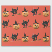 Papier Cadeau sorcière citrouille, chatte noire sorcière hallowe (Plat)