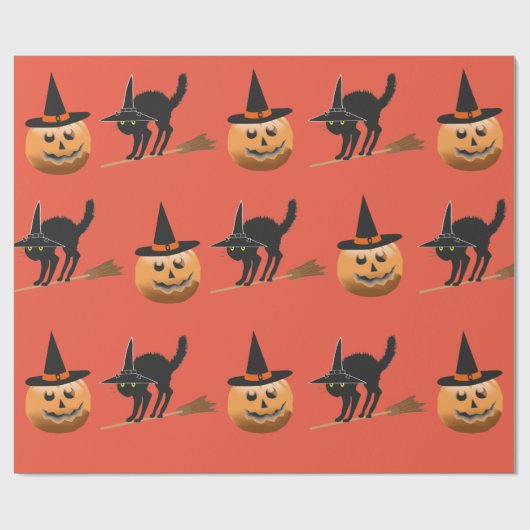 Papier Cadeau sorcière citrouille, chatte noire sorcière hallowe (Plat)