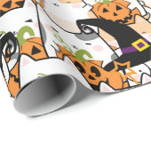 Papier Cadeau Sorcière de chat mignonne tenant Bumkin Halloween (Coin rond)