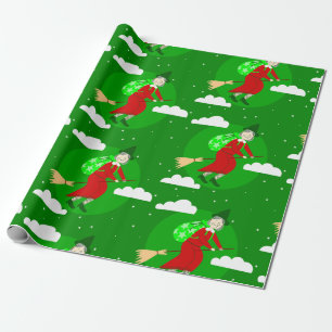 Papier Cadeau sorcière de noël vert befana broomrider spookmas