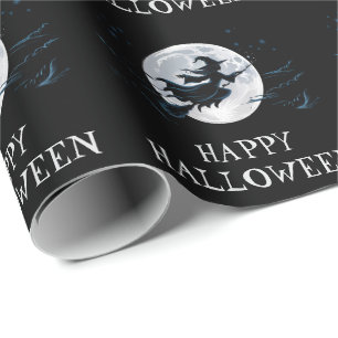 Papier Cadeau Sorcière Éffrayante d'Halloween traversant une Ple