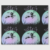 Papier Cadeau Sorcière effrayante sur un balai avec un chat (Plat)